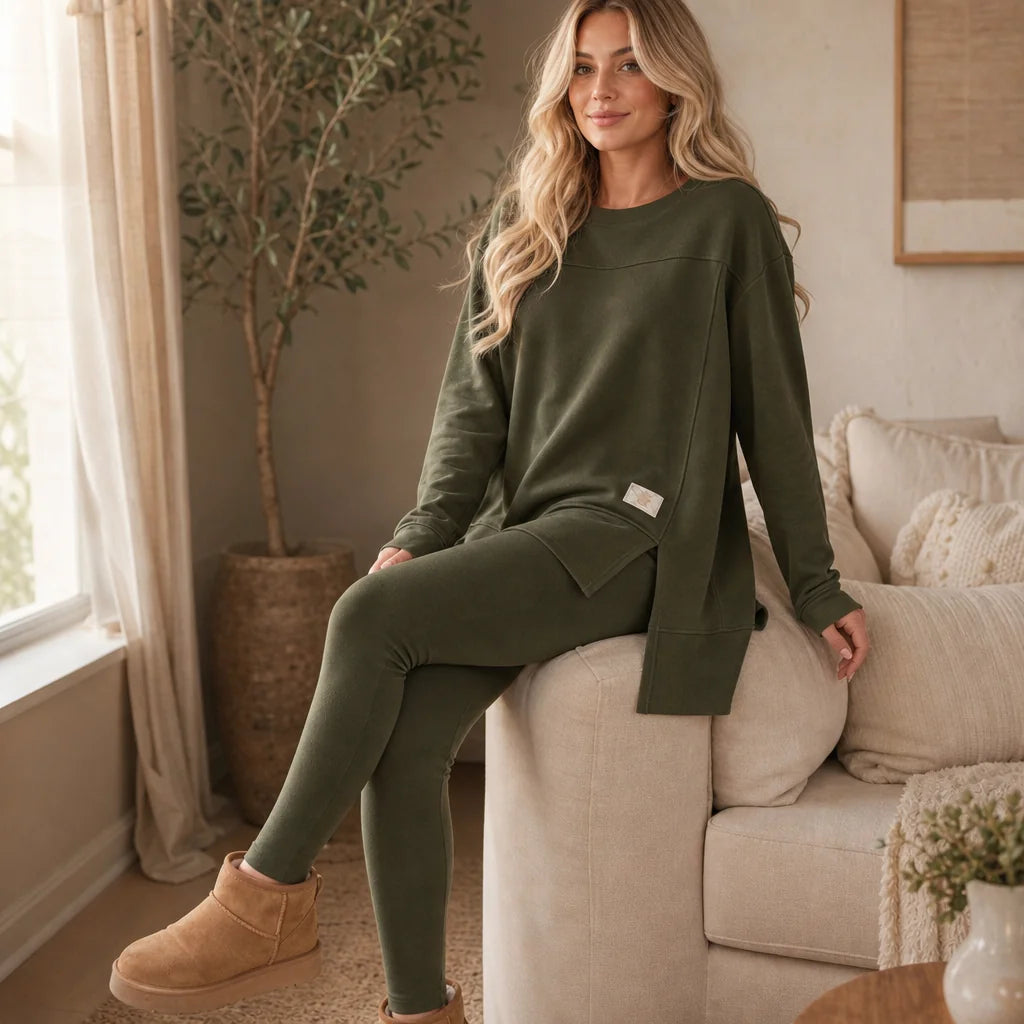 Women's Top and Pants Set with Split-Sleeve Design & Ribbed Knit Leggings - Green Seated Lifestyle Pose