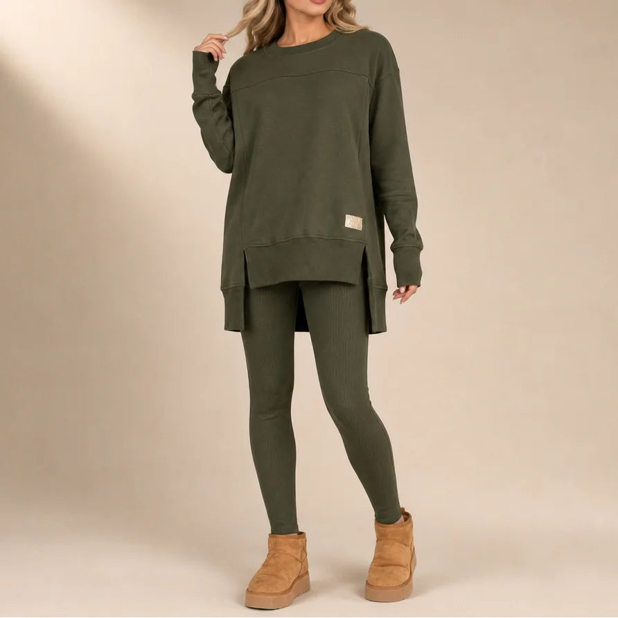 Women's Top and Pants Set with Split-Sleeve Design & Ribbed Knit Leggings - Green