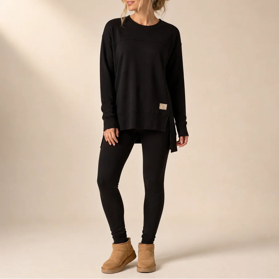 Black Women's Top and Pants Set with Split-Sleeve Design & Ribbed Knit Leggings — Cora