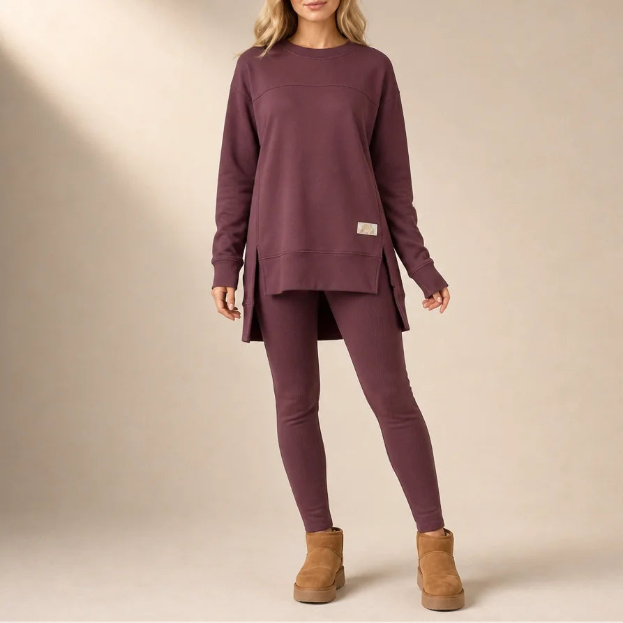 Reddish Brown Women's Top and Pants Set with Split-Sleeve Design & Ribbed Knit Leggings