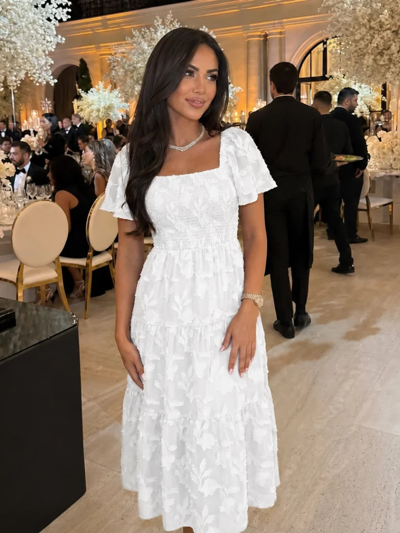 White Women's Floral Midi Dress with Square Neckline & Puff Sleeves - Front Portrait