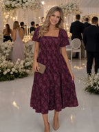 Wine Red Women's Floral Midi Dress with Square Neckline & Puff Sleeves - Front Evening