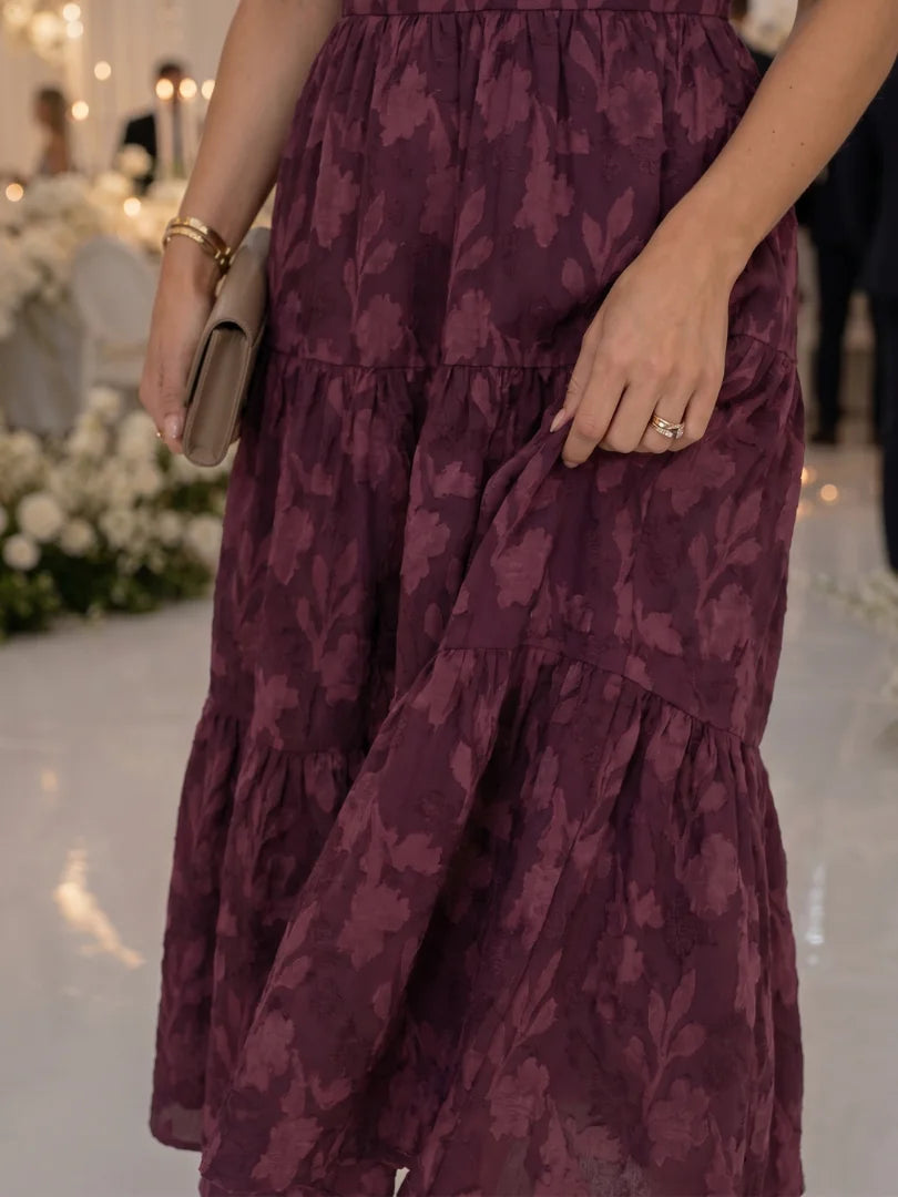 Women's Floral Midi Dress with Square Neckline & Puff Sleeves - Skirt Texture