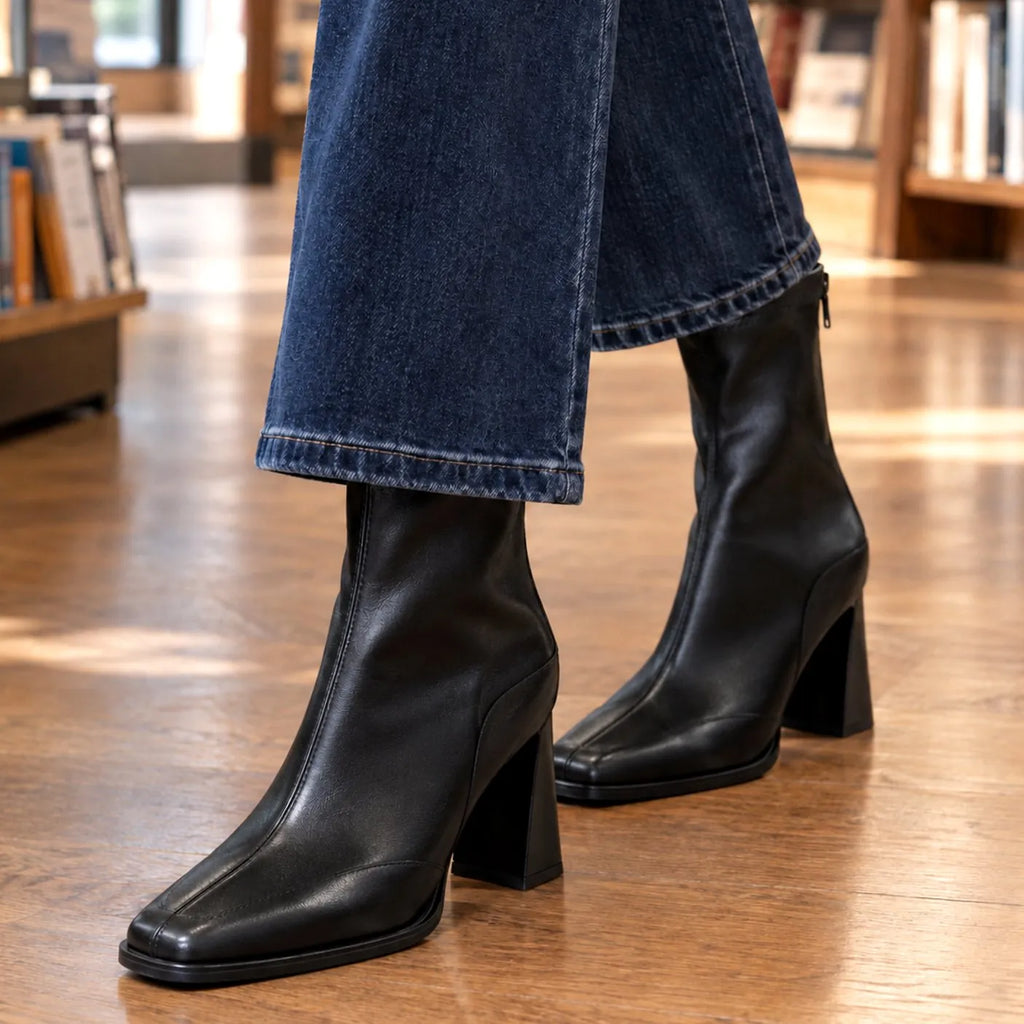 Black Women's Leather Ankle Boots with Square Toe & High Block Heel - Back Zip Detail