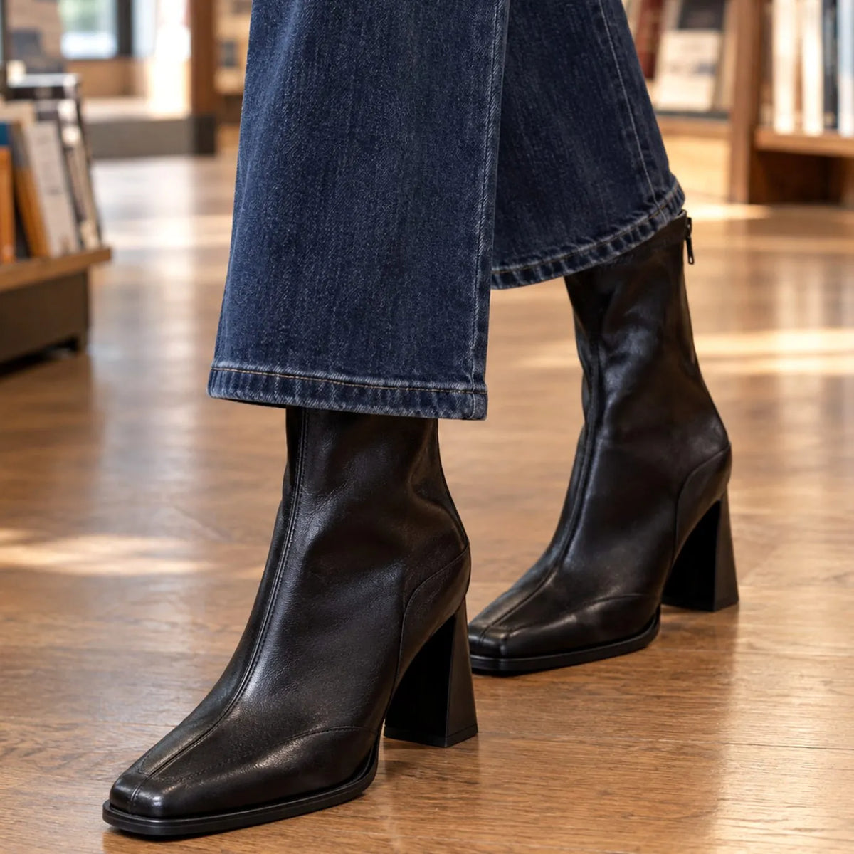 Black Single Lining Women's Leather Ankle Boots with Square Toe & High Block Heel - Side Pose Walking