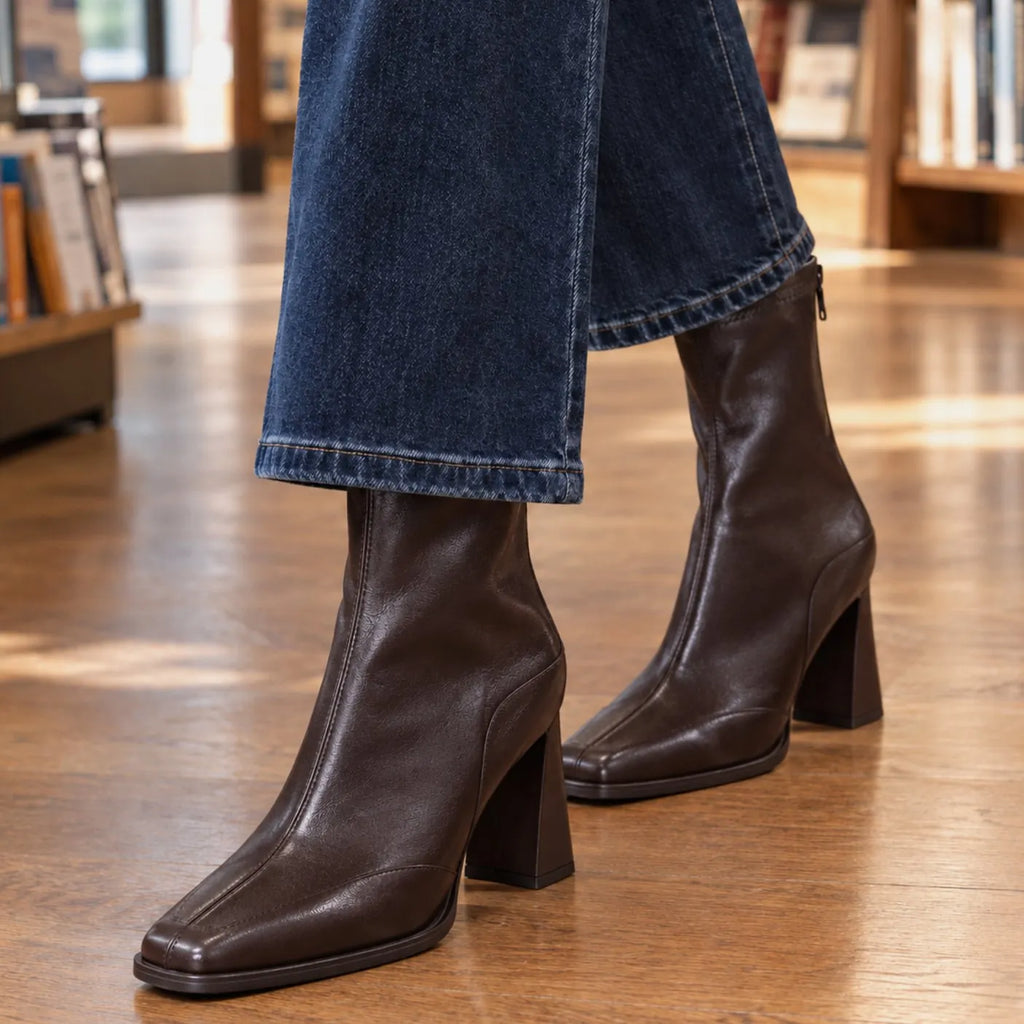 Brown Women's Leather Ankle Boots with Square Toe & High Block Heel - Heel Close Up