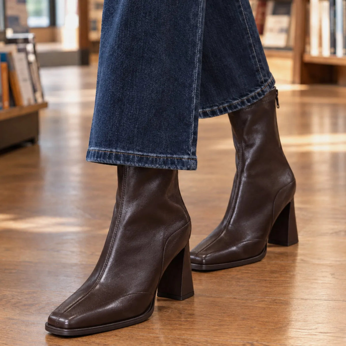 Brown Women's Leather Ankle Boots with Square Toe & High Block Heel - Heel Close Up