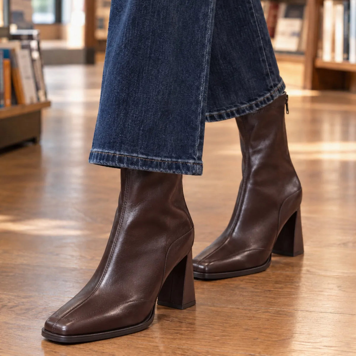 Brown Single Lining Women's Leather Ankle Boots with Square Toe & High Block Heel - Side Walking Detail