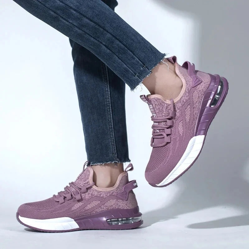 Purple Women's Steel Toe Sneakers with Air Cushion & Lace-Up Closure - Side Pose