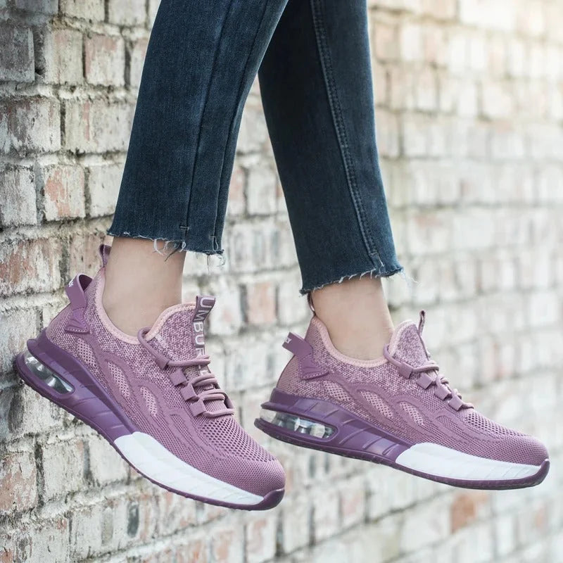 Purple Women's Steel Toe Sneakers with Air Cushion & Lace-Up Closure - Worn Lifestyle