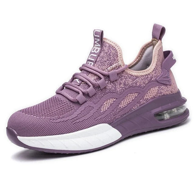 Purple Women's Steel Toe Sneakers with Air Cushion & Lace-Up Closure - Front Full