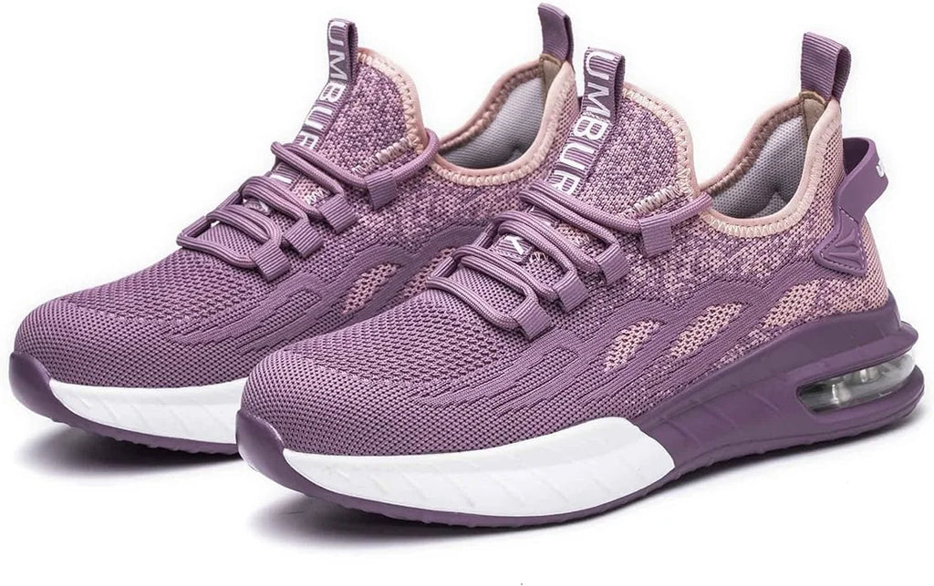 Purple Women's Steel Toe Sneakers with Air Cushion & Lace-Up Closure - Studio White