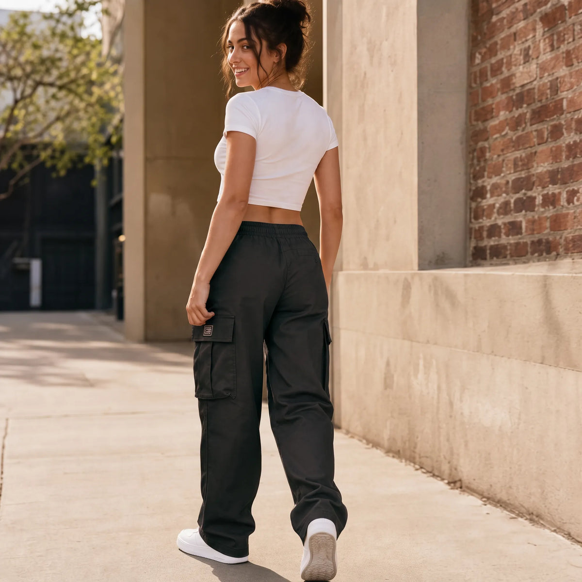 Women's Straight Leg Cargo Pants with Drawstring Waist & Flap Pockets - Back Full Walking