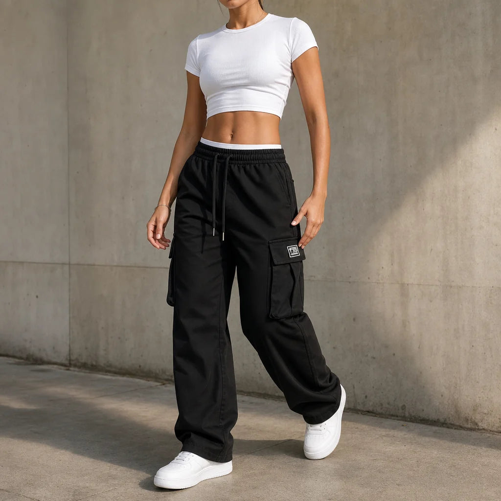 Women's Straight Leg Cargo Pants with Drawstring Waist & Flap Pockets - Front Full Standing