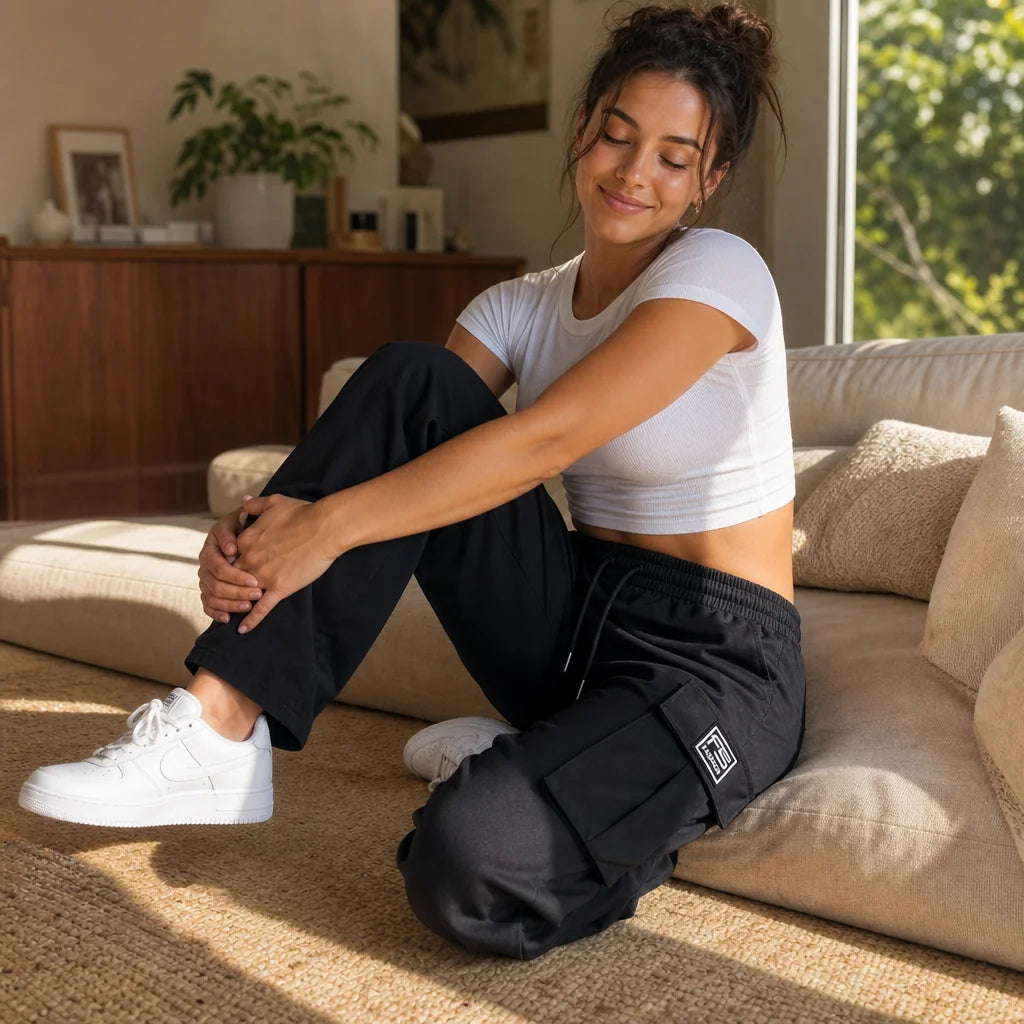Women's Straight Leg Cargo Pants with Drawstring Waist & Flap Pockets - Lifestyle Seated