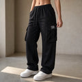 Black Women's Straight Leg Cargo Pants with Drawstring Waist & Flap Pockets