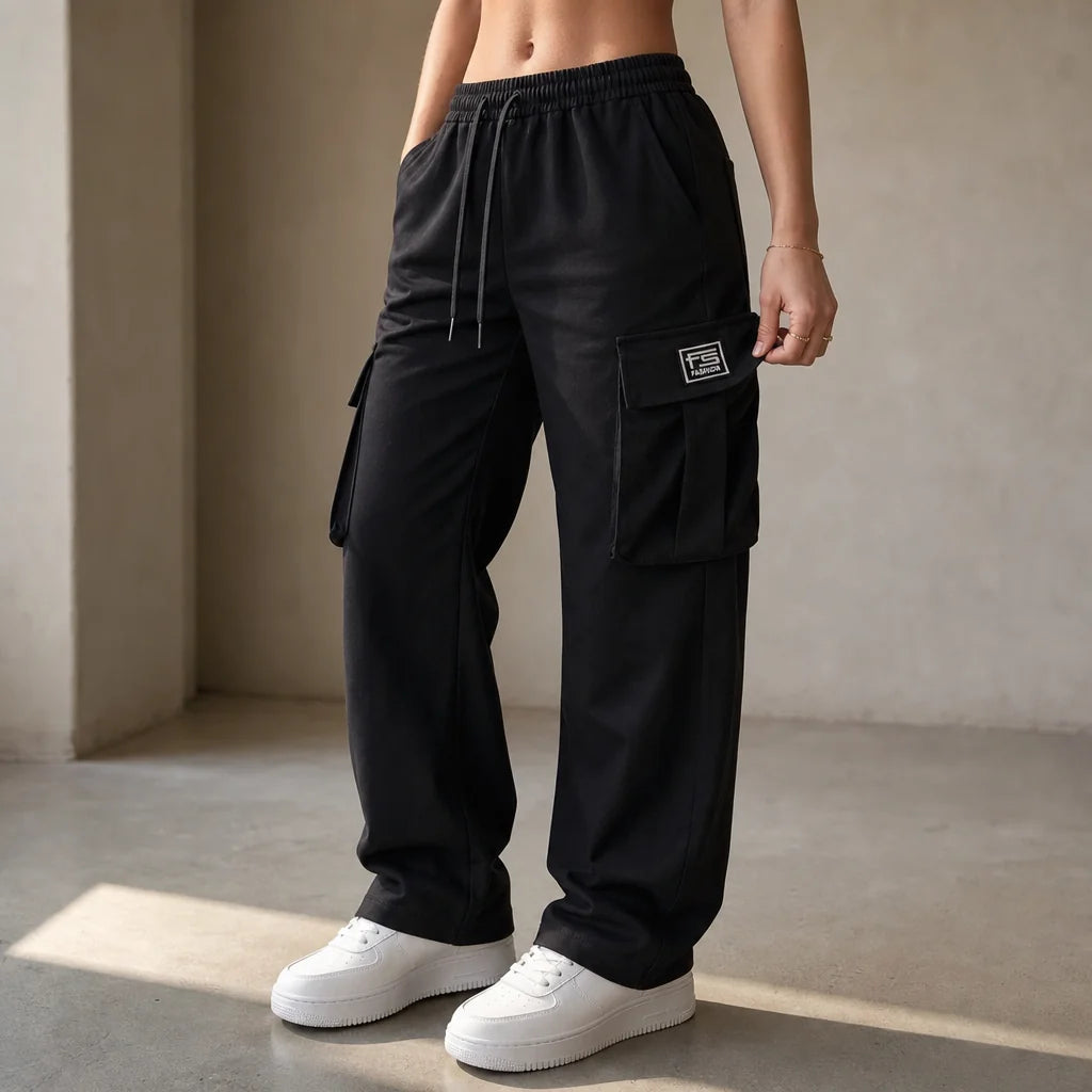 Black Women's Straight Leg Cargo Pants with Drawstring Waist & Flap Pockets