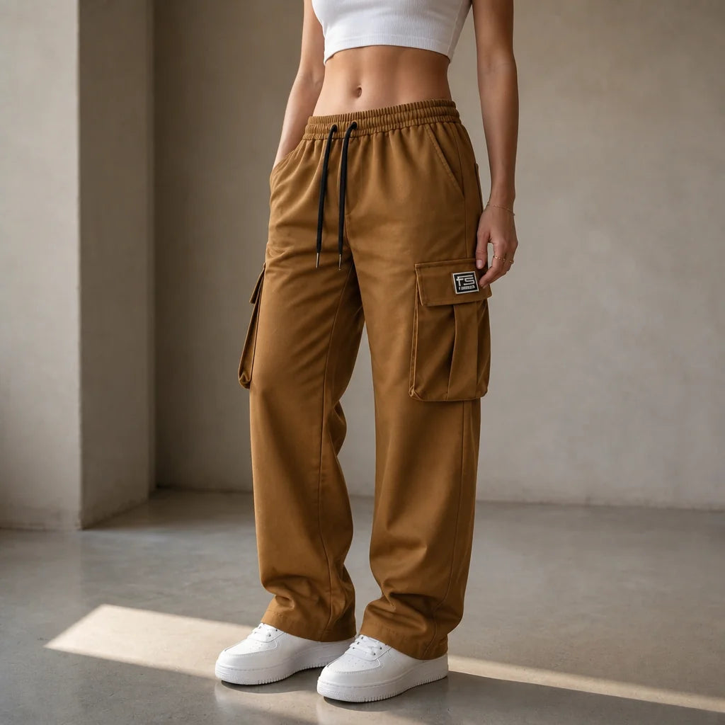 Camel Women's Straight Leg Cargo Pants with Drawstring Waist & Flap Pockets