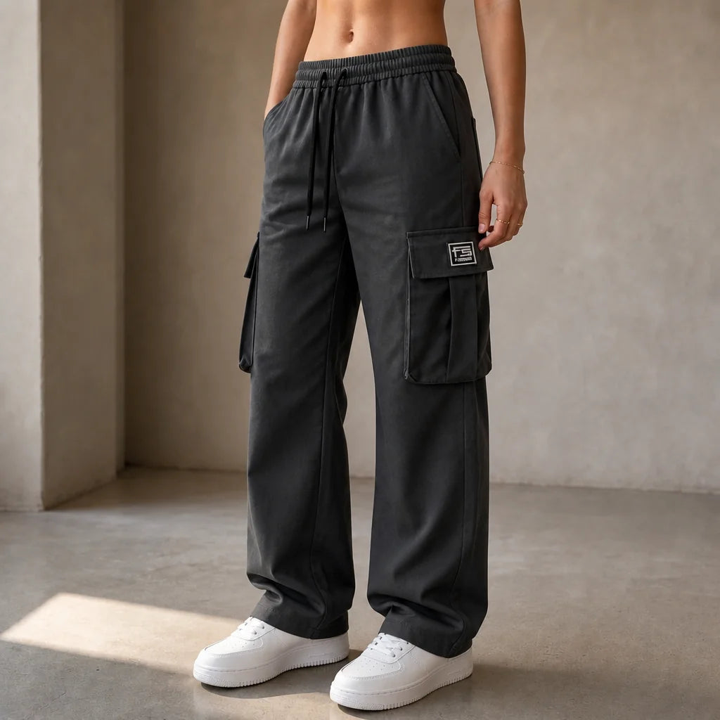 Dark Grey Women's Straight Leg Cargo Pants with Drawstring Waist & Flap Pockets