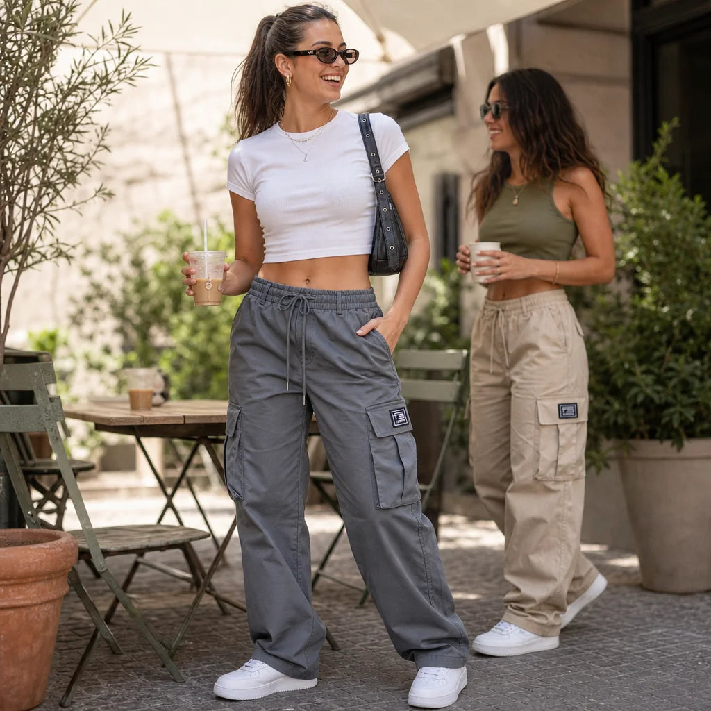 Women's Straight Leg Cargo Pants with Drawstring Waist & Flap Pockets - Street Duo Pose
