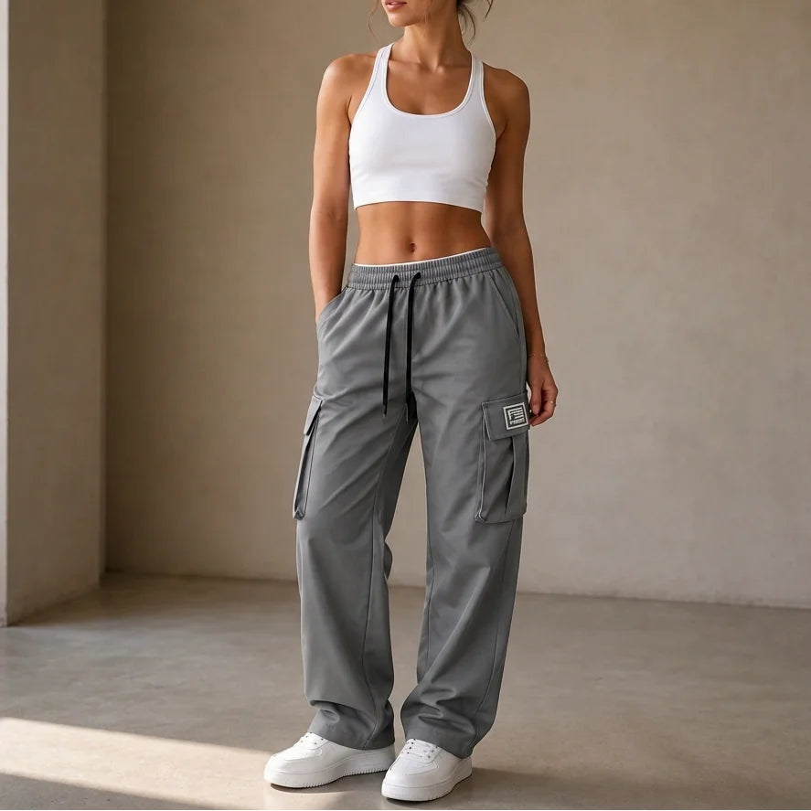 Grey Women's Straight Leg Cargo Pants with Drawstring Waist & Flap Pockets