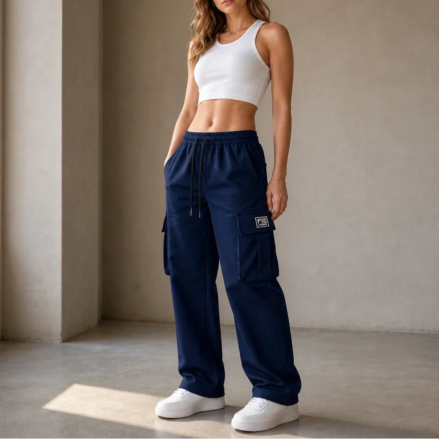 Navy Women's Straight Leg Cargo Pants with Drawstring Waist & Flap Pockets