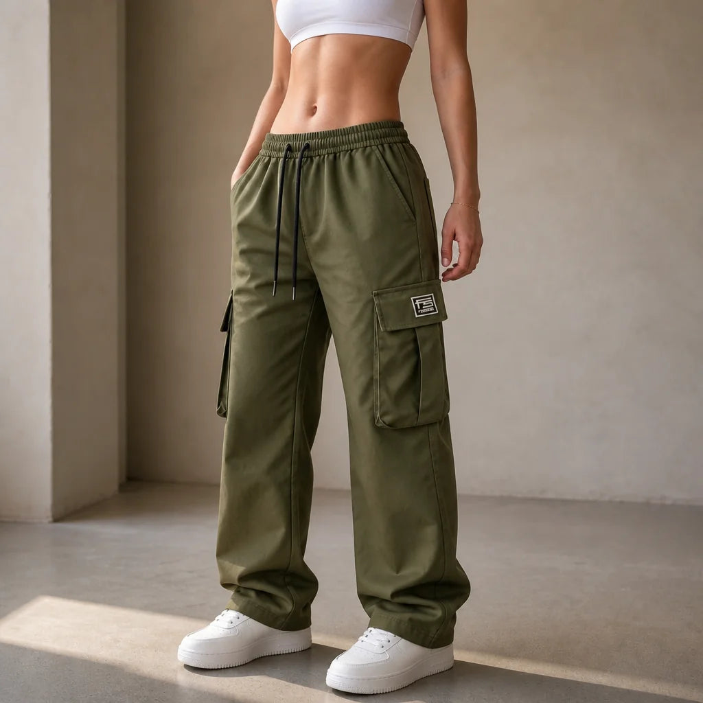 Olive Women's Straight Leg Cargo Pants with Drawstring Waist & Flap Pockets