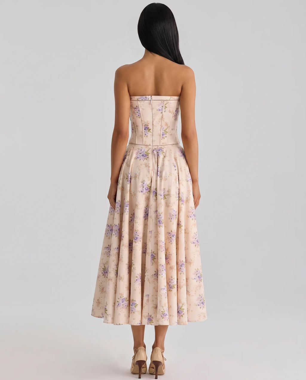 Women's Strapless Maxi Dress with Corset Bodice & Flared Skirt - Back Full