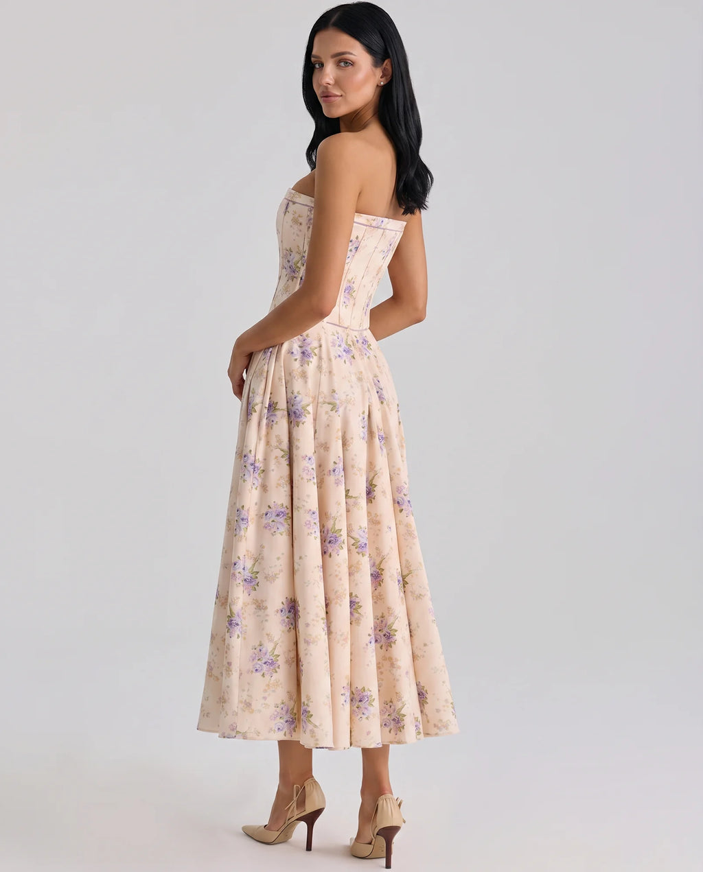 Women's Strapless Maxi Dress with Corset Bodice & Flared Skirt - Back Side Pose
