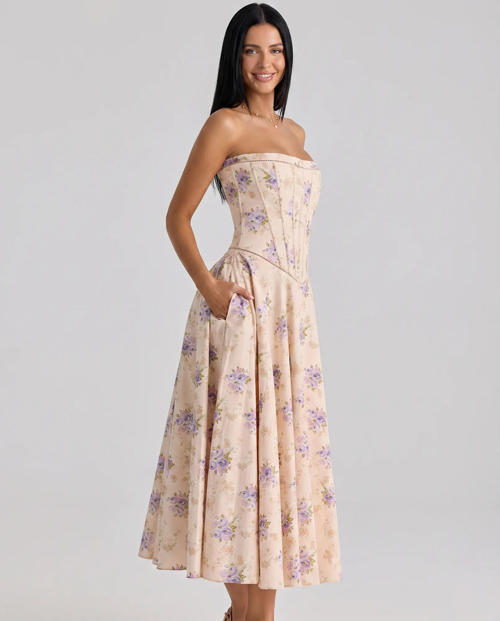 Women's Strapless Maxi Dress with Corset Bodice & Flared Skirt - Side Pose