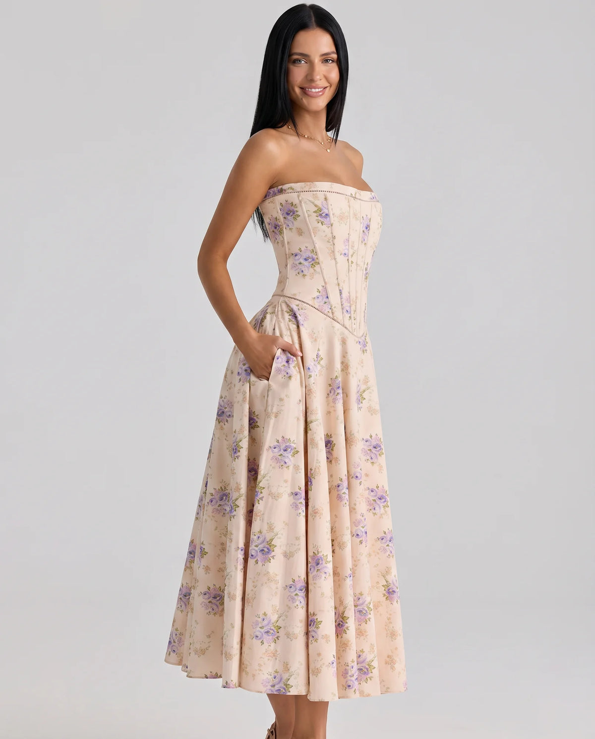 Women's Strapless Maxi Dress with Corset Bodice & Flared Skirt - Side Pose