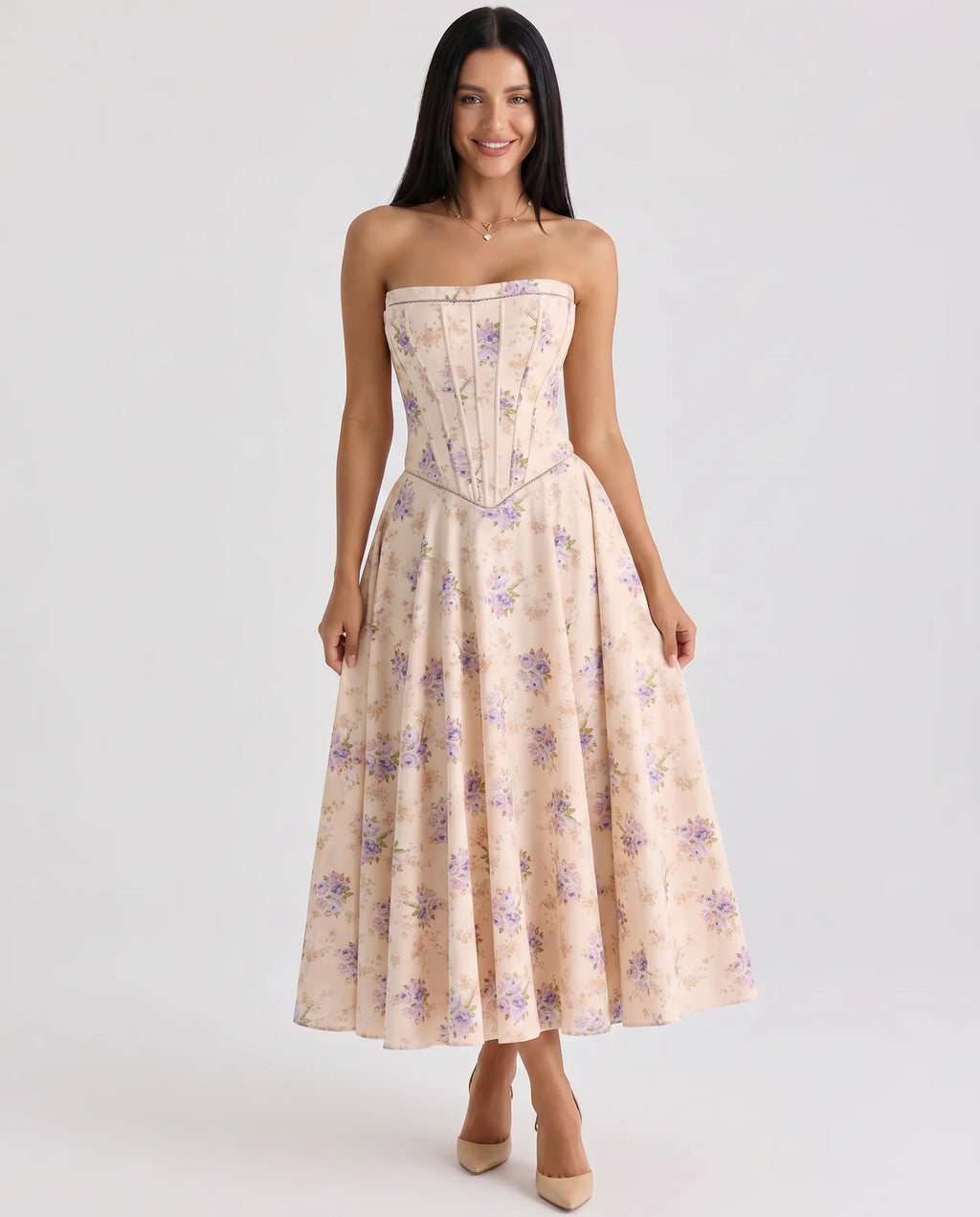 Ivory Women's Strapless Maxi Dress with Corset Bodice & Flared Skirt