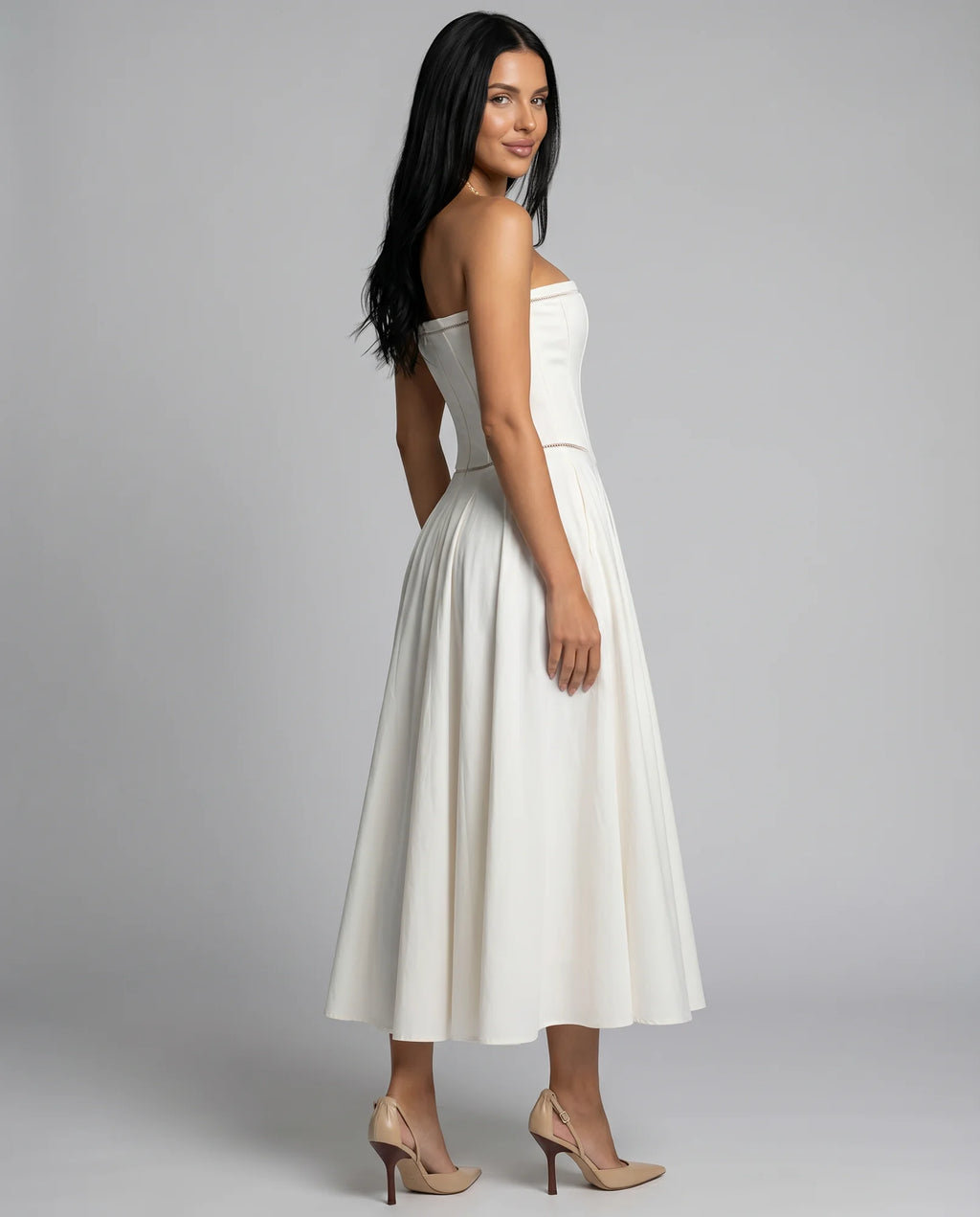 Women's Strapless Maxi Dress with Corset Bodice & Flared Skirt - Back Angle