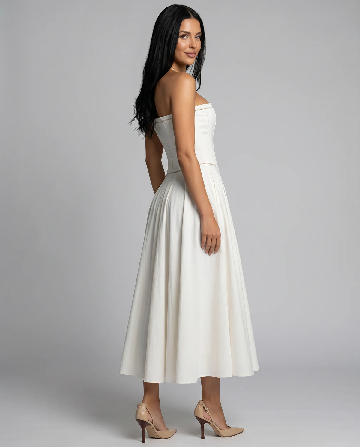 Women's Strapless Maxi Dress with Corset Bodice & Flared Skirt - Back Angle
