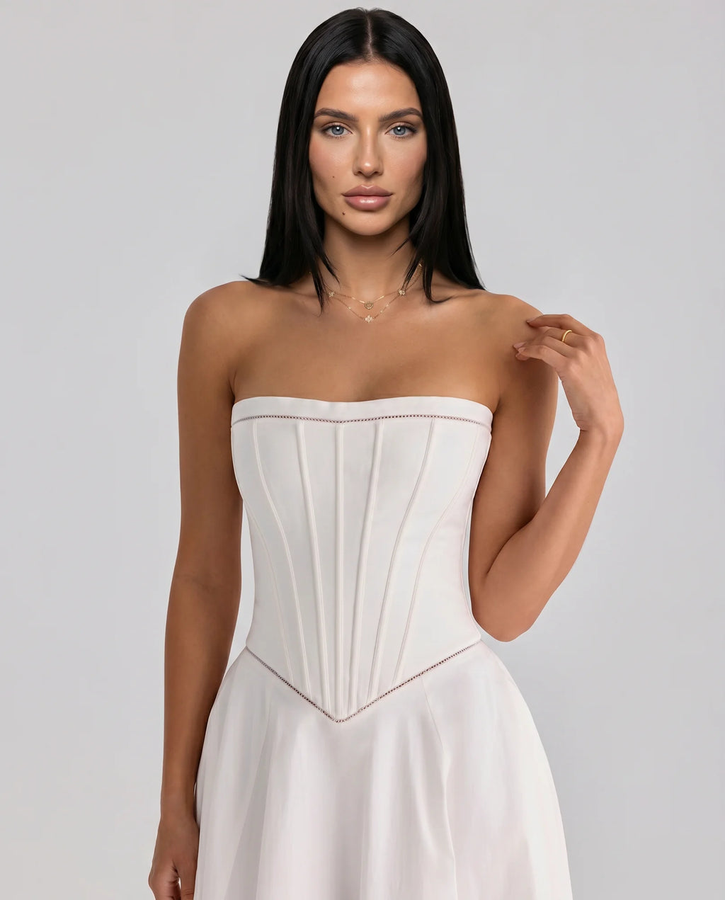 Women's Strapless Maxi Dress with Corset Bodice & Flared Skirt - Close Up Neckline