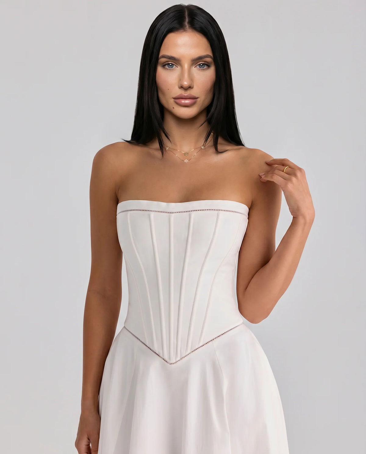 Women's Strapless Maxi Dress with Corset Bodice & Flared Skirt - Close Up Neckline