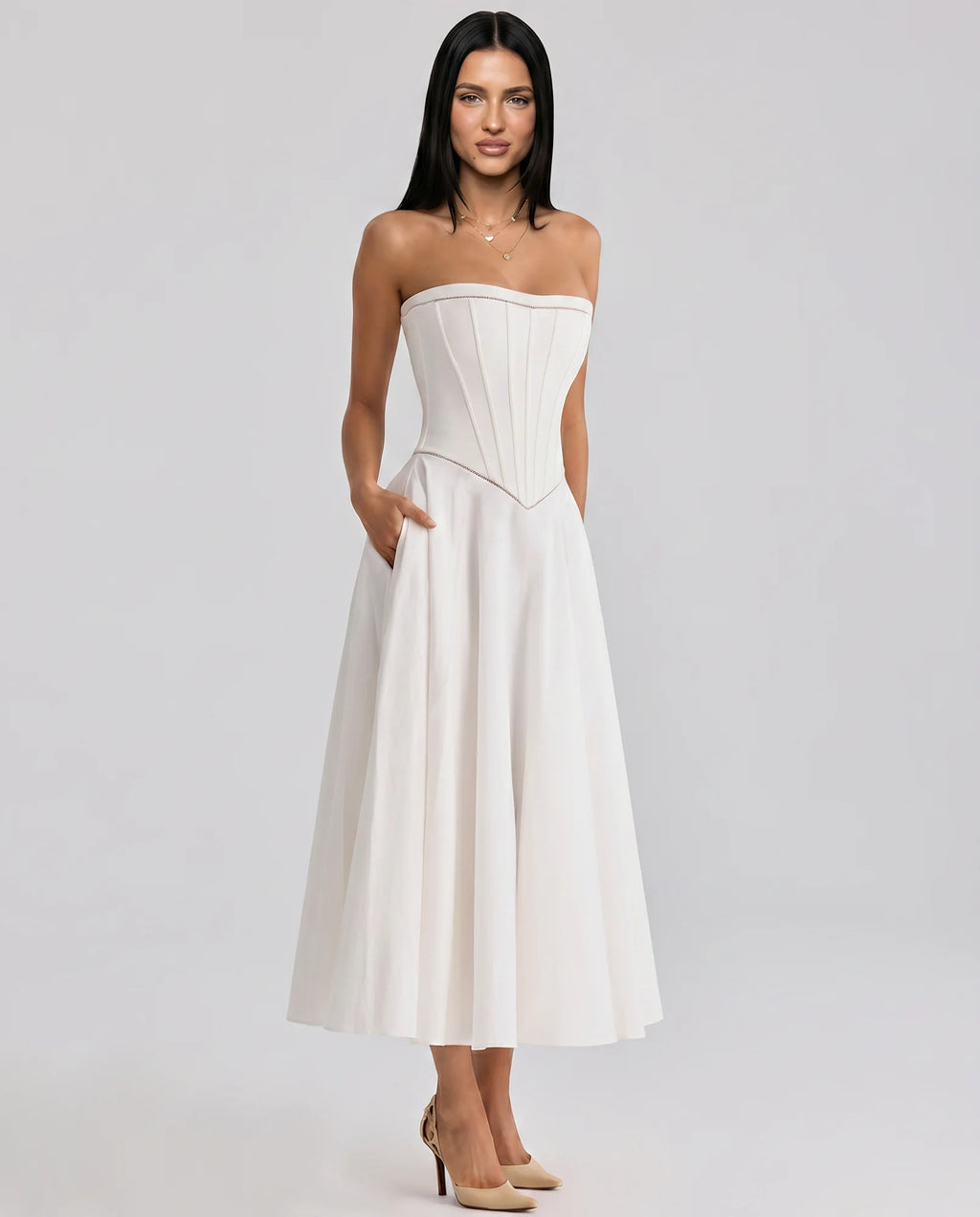 Women's Strapless Maxi Dress with Corset Bodice & Flared Skirt - Side Angle