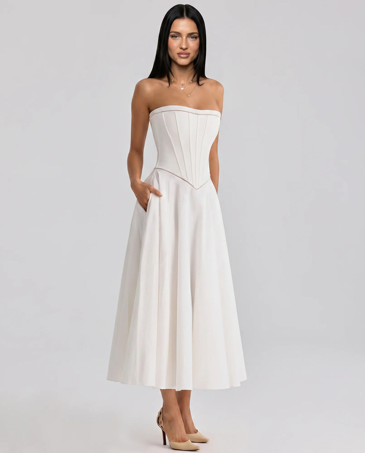 Women's Strapless Maxi Dress with Corset Bodice & Flared Skirt - Side Angle