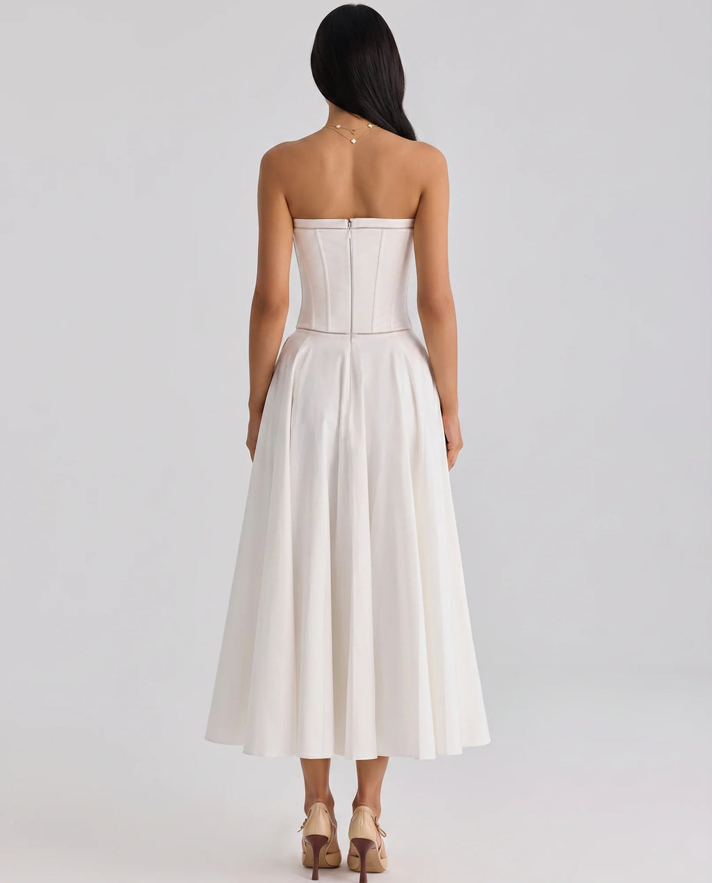 Women's Strapless Maxi Dress with Corset Bodice & Flared Skirt - Studio Back