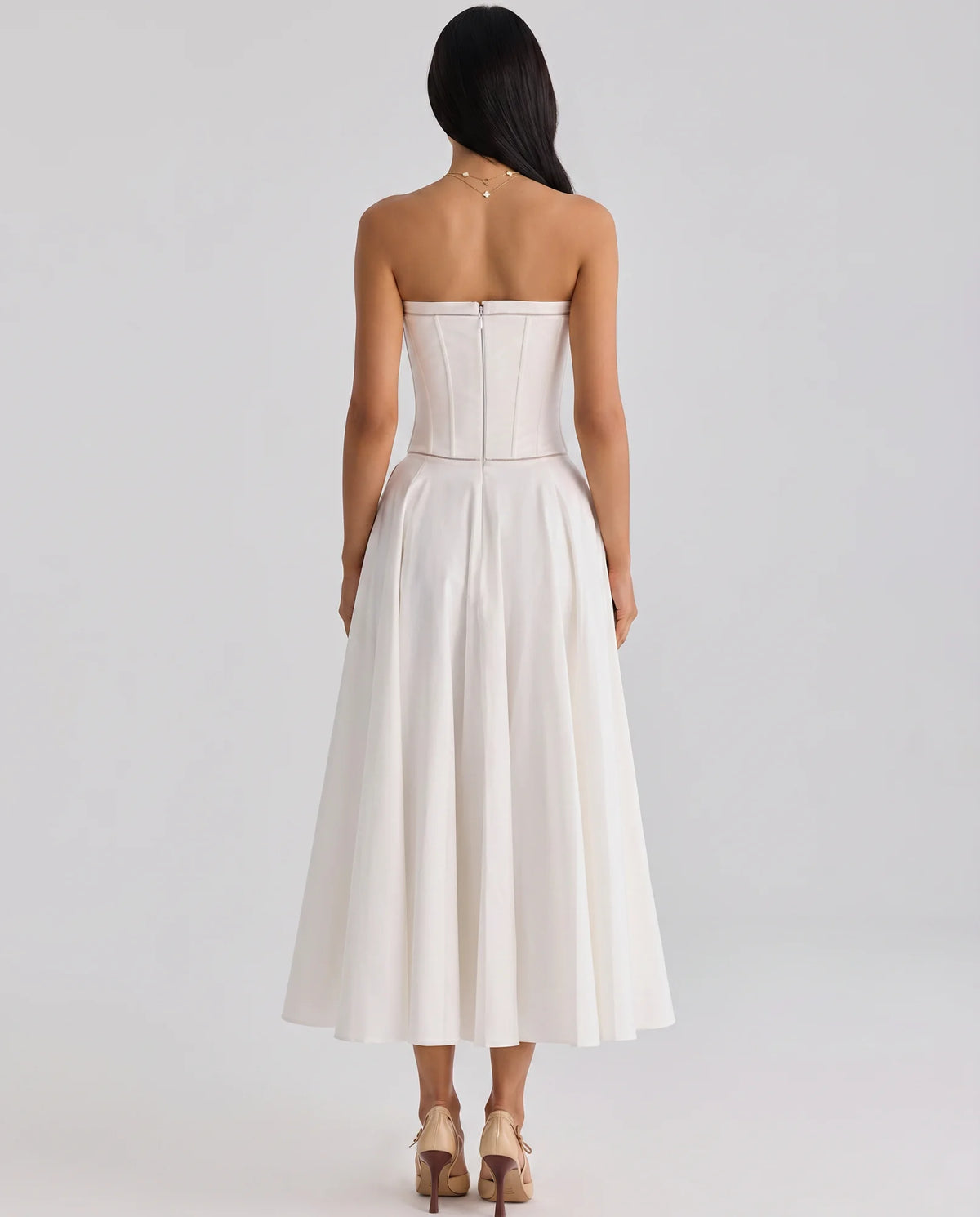 Women's Strapless Maxi Dress with Corset Bodice & Flared Skirt - Studio Back