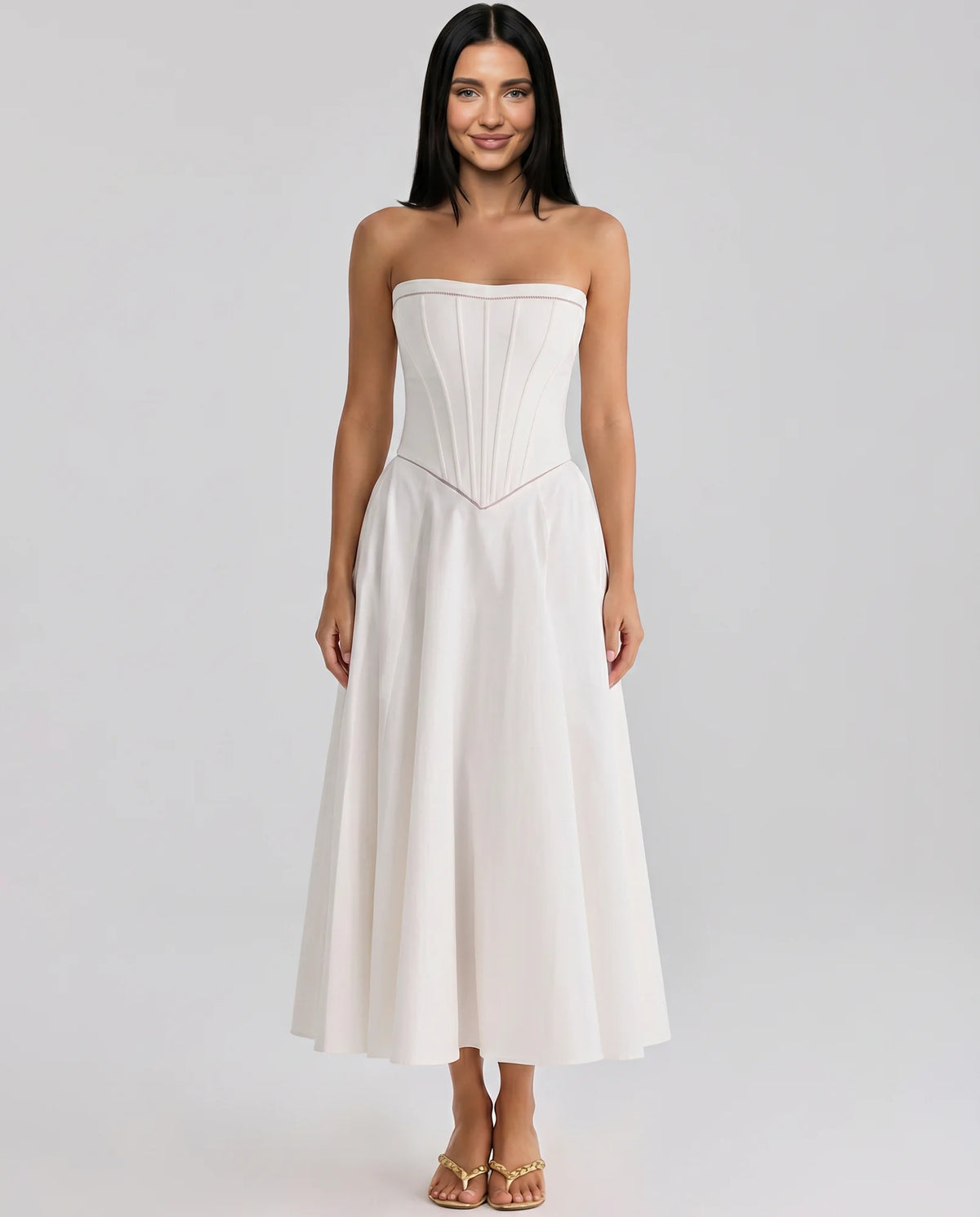 White Women's Strapless Maxi Dress with Corset Bodice & Flared Skirt