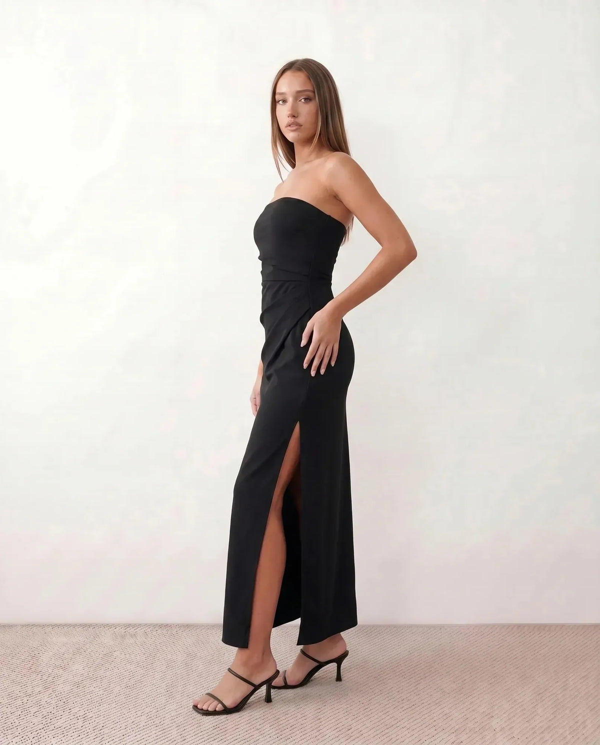 Black Women's Strapless Maxi Dress with Ruched Waist & Side Slit - Side Pose