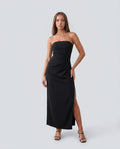 Black Women's Strapless Maxi Dress with Ruched Waist & Side Slit
