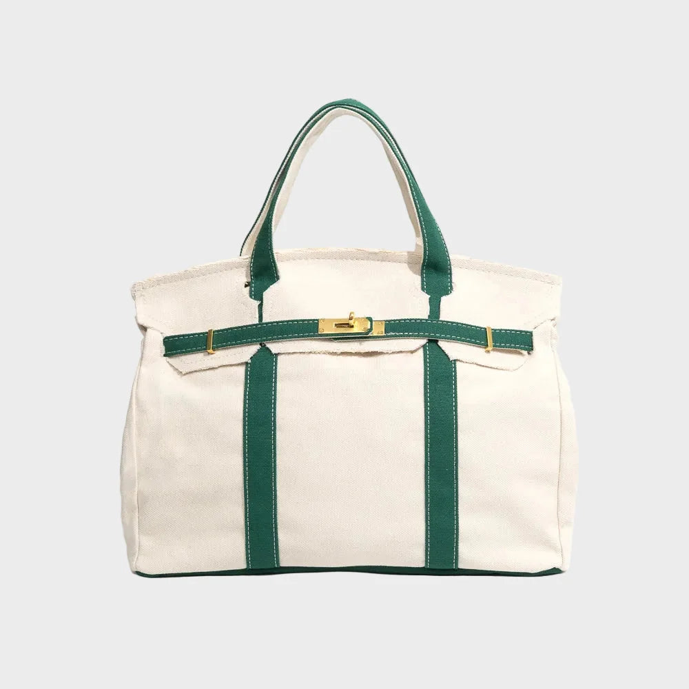 Racing Green Women's Luxury Handbag in Structured Canvas with Turn-Lock Closure - Front Detail