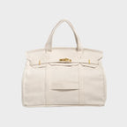 Linen White Women's Luxury Handbag in Structured Canvas with Turn-Lock Closure - Back Detail