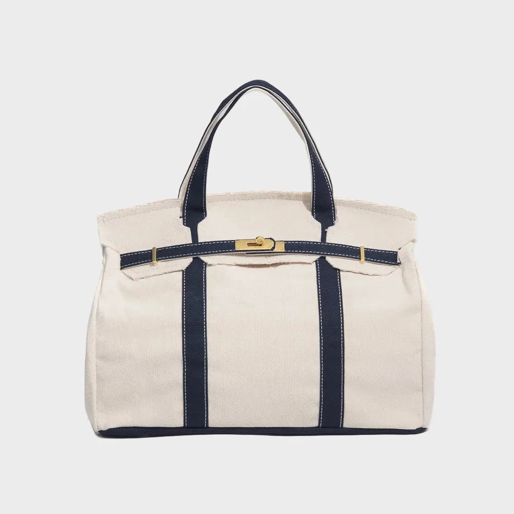Navy Blue Women's Luxury Handbag in Structured Canvas with Turn-Lock Closure - Front Full