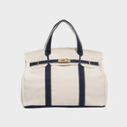 Navy Blue Women's Luxury Handbag in Structured Canvas with Turn-Lock Closure - Front Full