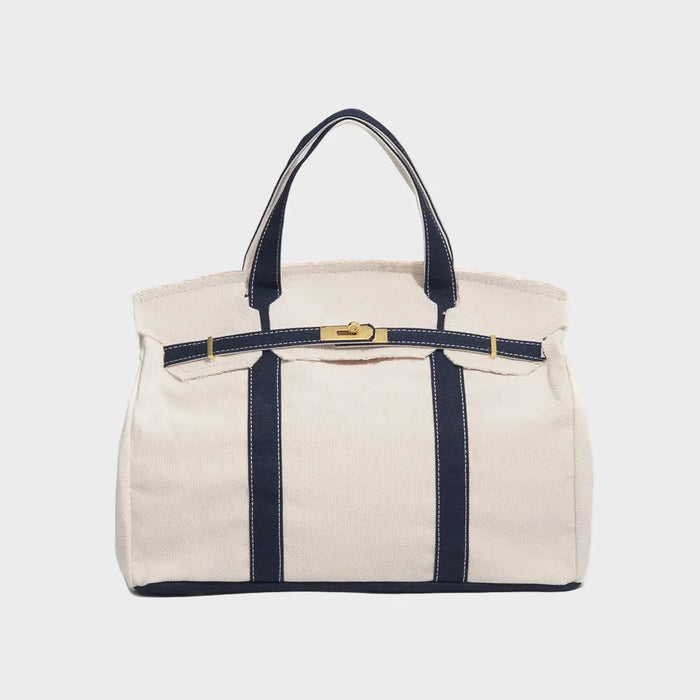 Navy Blue Women's Luxury Handbag in Structured Canvas with Turn-Lock Closure - Front Full
