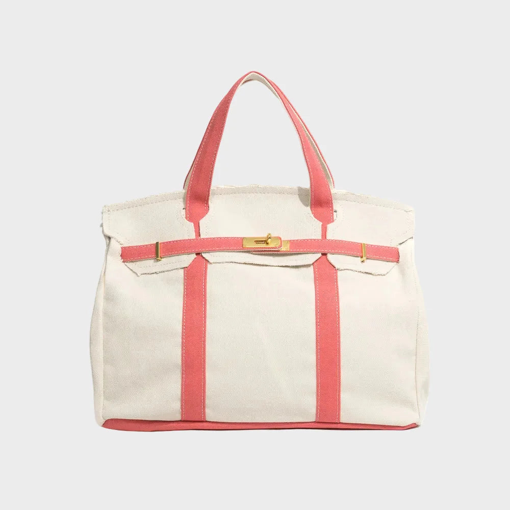 Lady Pink Women's Luxury Handbag in Structured Canvas with Turn-Lock Closure - Front View