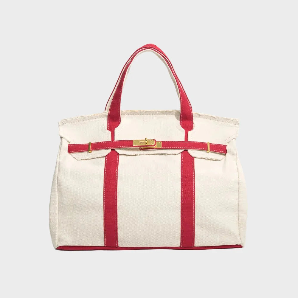 Fire Red Women's Luxury Handbag in Structured Canvas with Turn-Lock Closure - Front Angle